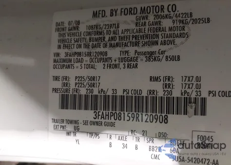 2009 Ford Fusion Sel z USA, uszkodzony, nr VIN 3FAHP08159R120908